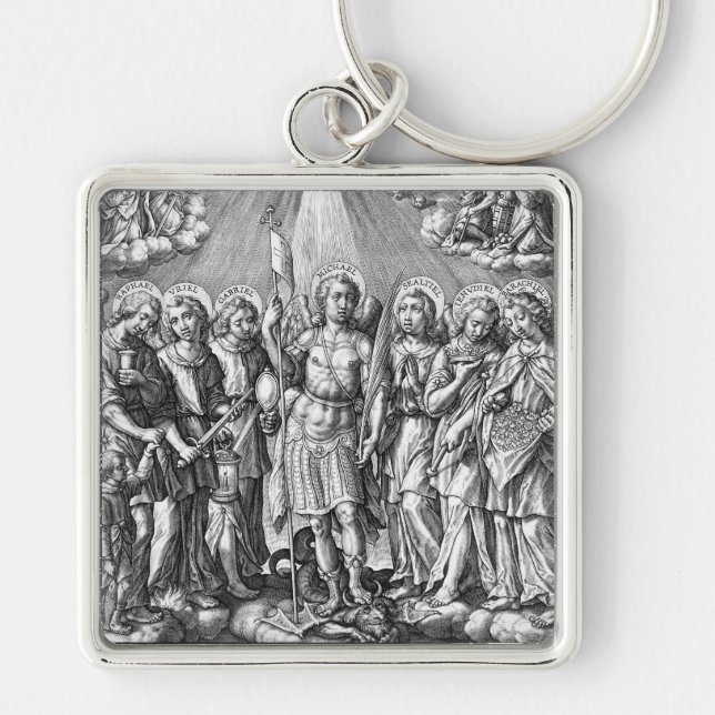 Sju Archangels (M 034; Engrave) Fyrkantig Silverfärgad Nyckelring (Framsidan)