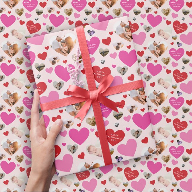 Sju fotohjärtans dag Heart Presentpapper (cute pink and red Valentine's Day gift wrap with seven personalized photo hearts and custom text)