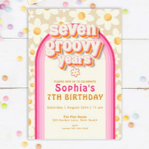 Sju Groovy Years Daisy Rainbow Birthday Invati Inbjudningar