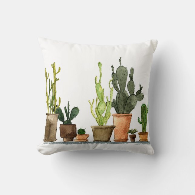 Sju hand plockade vattenfärgskoncactus in brunn (g kudde (Framsida)