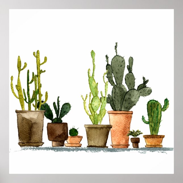 Sju hand plockade vattenfärgskoncactus in brunn (g poster (Framsidan)