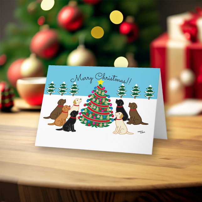 Sju Labradors och Julgran Helgkort (Seven Labradors Christmas Card for Labrador Owners.  Chocolate, Black, Yellow Labs, Fox Red Lab.)