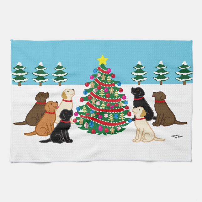 Sju Labradors och Julgran Kökshandduk (Horisontell)