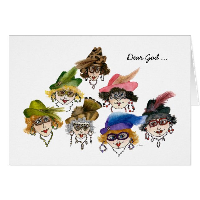 Sju lustigt Dam som diskuterar kaffe och Vin OBS Kort (Framsidan Horizontal)