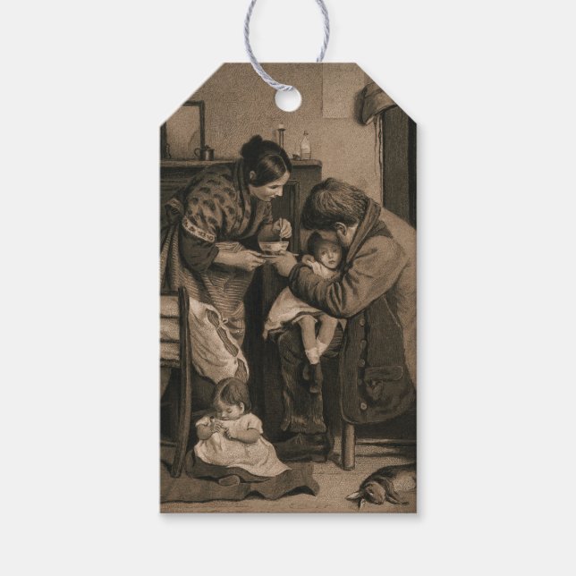 Sjuck Young Girl hjälptes av Hennes Far och Mor Presentetikett (Framsidan)