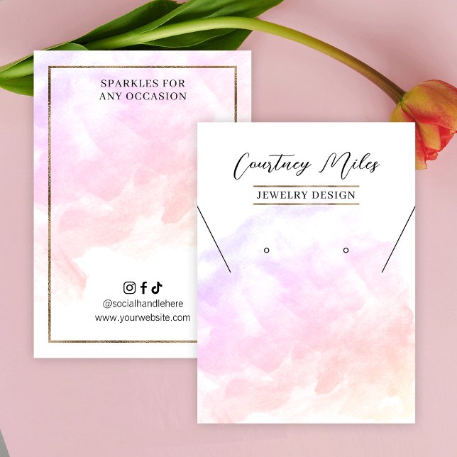 Sjudförpackning med vattentfärg Guld Glitter vid a Visitkort (Elegant pastel watercolor and gold glitter jewelry display cards for earrings necklaces & bracelets)