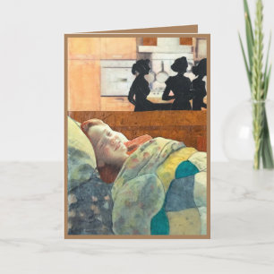 Sjuk flicka i lycklig i sängen som vårdas, gå bra kort