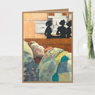 Sjuk flicka i lycklig i sängen som vårdas, gå bra kort