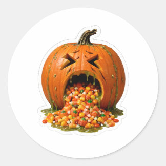 Sjuk kräkande pumpa som äter Candy Corn Vinyl Runt Klistermärke