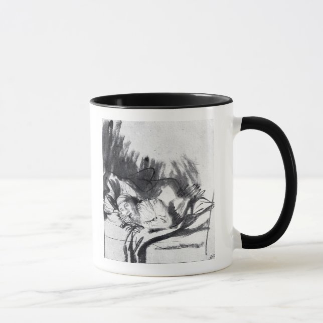 Sjuk kvinna i en säng, kanske Saskia Mugg (Höger)