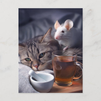 Sjuka Kattunge i bed Vykort