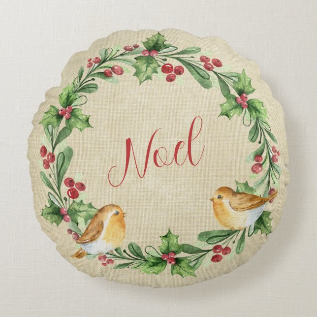 Sjukdomen Holly Berry med fåglar - Noel Rund Kudde (Framsidan)