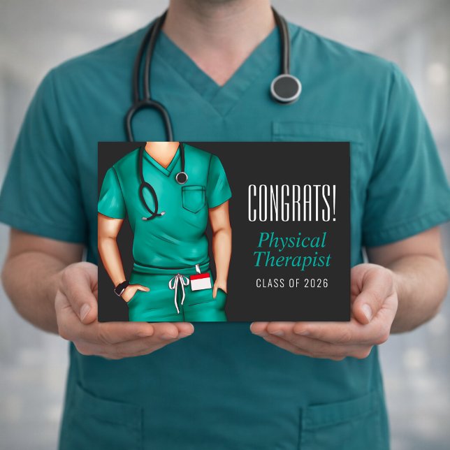 Sjukgymnast Examensbevis Kort (Physical therapist graduation greeting card held in hands realistic scrubs mockup clean design)