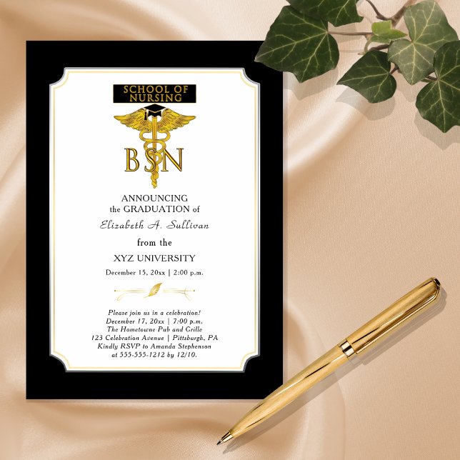 Sjukhuset BSN Studenten inbjuden Magnetisk Inbjudningskort (Elegant "BSN" Nursing Degree College Graduation Invitation -- Print and/or Download)
