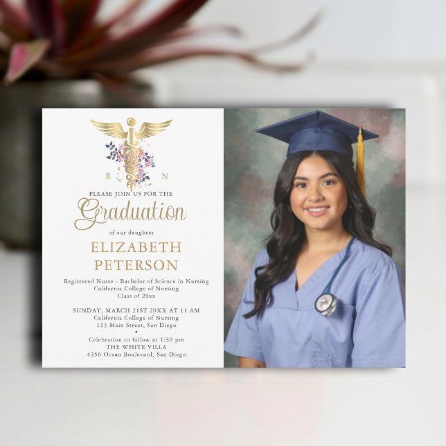 Sjukskolan Studenten Caduceum Lila Ro Inbjudningar (nursing school graduation gold caduceum purple roses greenery floral contemporary modern photo nurse)