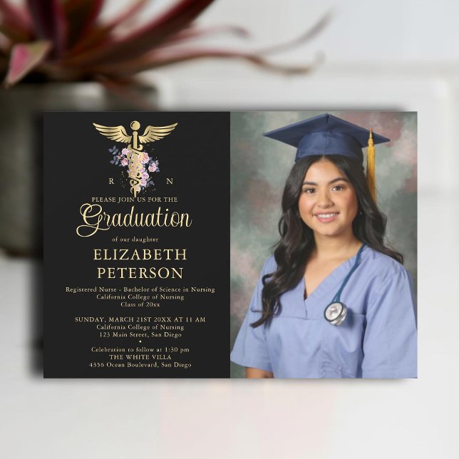 Sjukskolan Studenten Caduceum Ro Black Inbjudningar (nursing school graduation gold caduceum roses greenery floral contemporary modern photo nurse black)