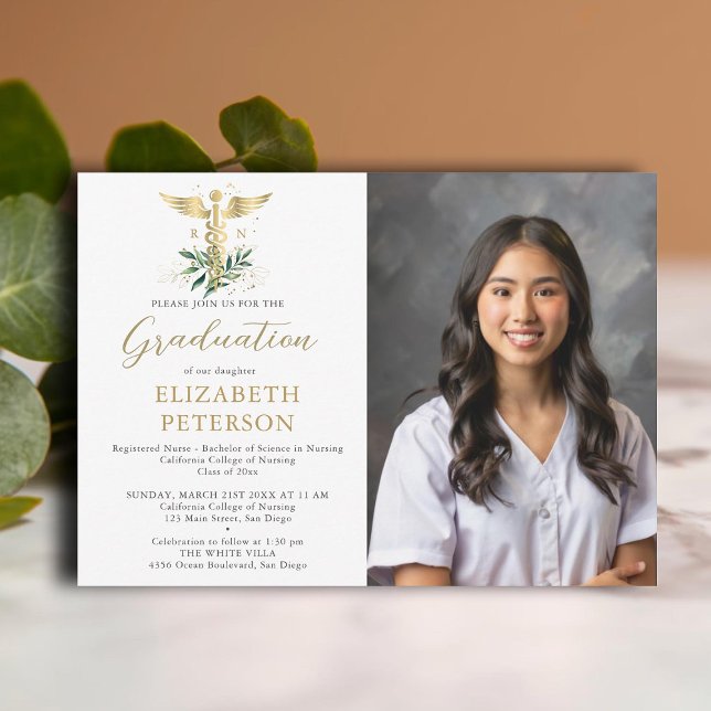 Sjukskolan Studenten Guld Caduceum Greenery Inbjudningar (nursing school graduation gold caduceum greenery leaves contemporary modern photo nurse)