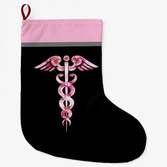 Sjuksköterska Caduceus Medicinsk symbol Svart Rosa Stor Julstrumpa (Framsidan)