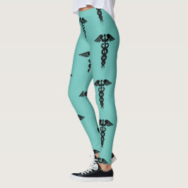 Sjuksköterska Caduceus Mönster Teal Black Leggings