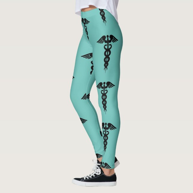 Sjuksköterska Caduceus Mönster Teal Black Leggings (Vänster)