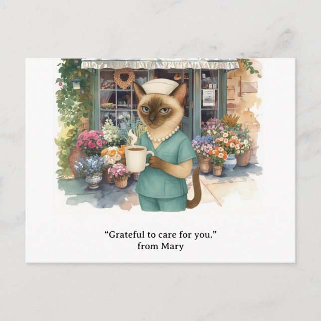Sjuksköterska dricker kaffe framför blomsterbutik vykort (Framsida)