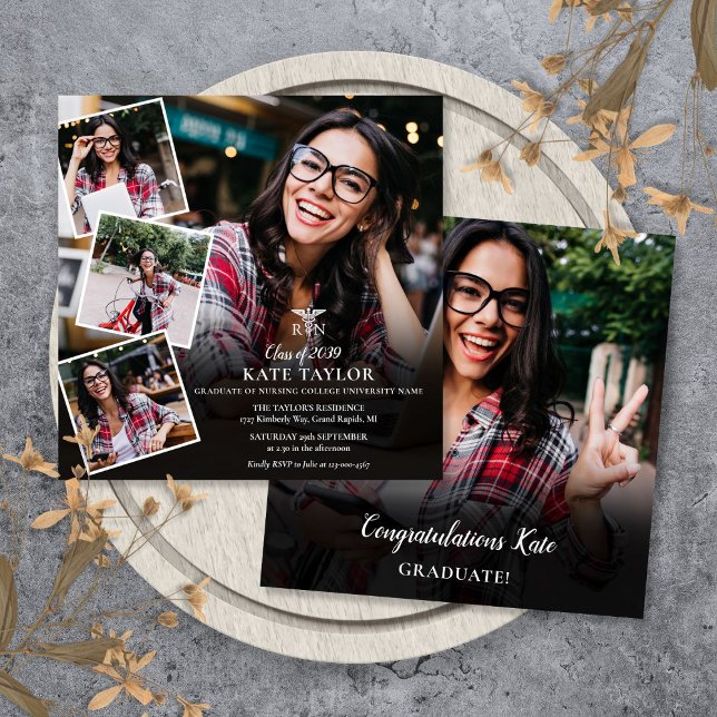 Sjuksköterska Foto Collage Examen Fyrkant Inbjudningar (RN Nursing Photo Collage Graduation Square Invitation)