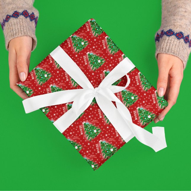 Sjuksköterska God Jul Träd Röd Bakgrund Presentpapper (Skapare uppladdad)