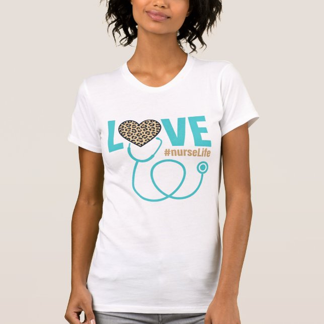 Sjuksköterska Kärlek Leopard Stetoskop Vector Desi T Shirt (Framsida)
