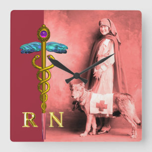 SJUKSKÖTERSKA OCH RÄDDNINGSHUND /Gold Caduceus RN Fyrkantig Klocka