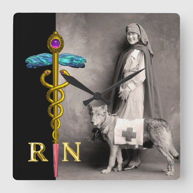 SJUKSKÖTERSKA OCH RÄDDNINGSHUND /Guld Caduceus RN  Fyrkantig Klocka (Framsida)