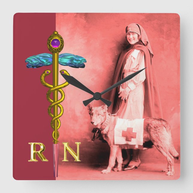 SJUKSKÖTERSKA OCH RÄDDNINGSHUND /Guld Caduceus RN  Fyrkantig Klocka (Framsida)