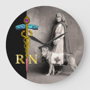 SJUKSKÖTERSKA OCH RÄDDNINGSHUND /Guld Caduceus RN Stor Klocka