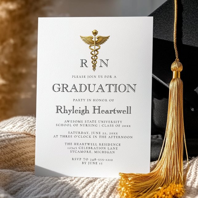 Sjuksköterska RN Vit Guld Kaducéus Examenfest Inbjudningar (Skapare uppladdad)