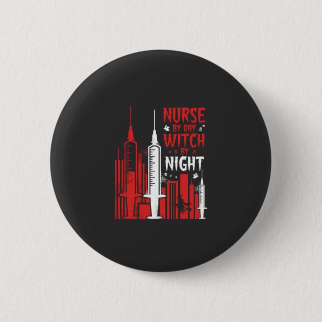 Sjuksköterskehäxa Halloween Skyline Design_1 Knapp (Framsida)