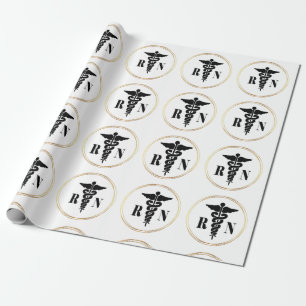 Sjuksköterskor Caduceus Black och Guld Wrapping Pa Presentpapper