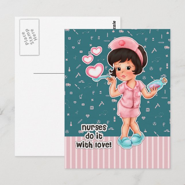 Sjuksköterskor gör det med Kärlek. Cute Brunette N Vykort (Fram/baksida)