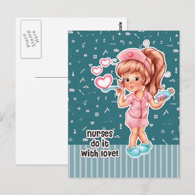 Sjuksköterskor gör det med Kärlek. Cute Nurse Vykort (Fram/baksida)