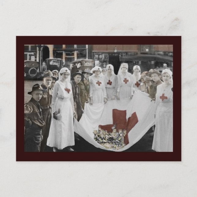 Sjuksköterskor och ungdomsfrivilliga samlar in don vykort (Framsida)