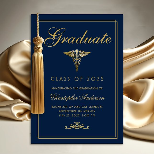 Sjukvårdsexamen i Blue Guld Caduceus College Meddelande (Medical Navy Blue Gold Caduceus College Graduation Announcement)