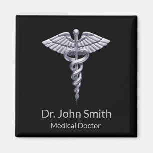 Sjukvårdsklassen Silver Caduceus på svart Magnet