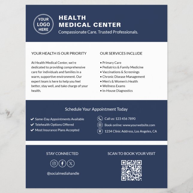 Sjukvårdsklinik Läkare Anpassad logotyp QR-kod Mar Reklamblad (Framsidan)