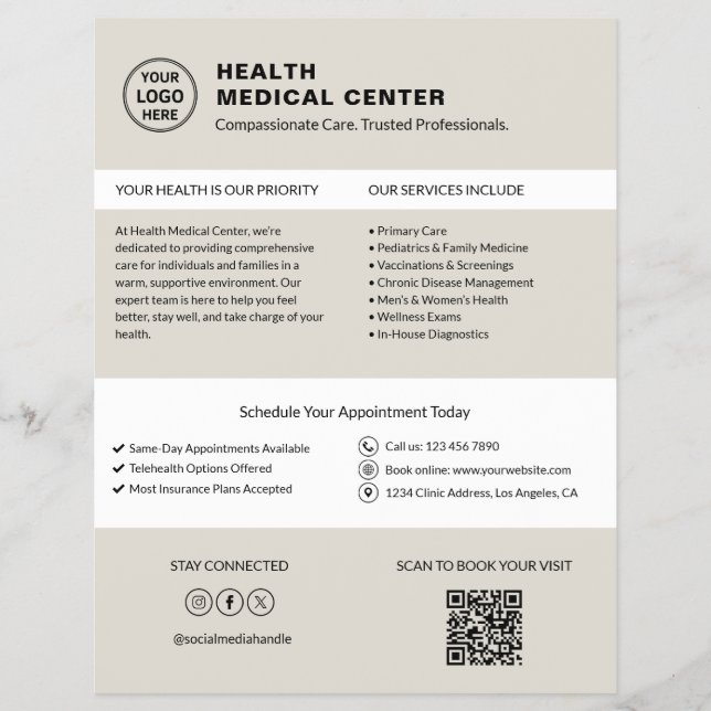 Sjukvårdsklinik Läkarlogo QR Neutral Beige Reklamblad (Framsidan)