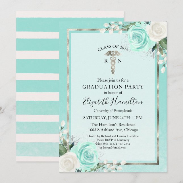 Sjukvårdsskolan Grad Party Teal Blommigt Inbjudningar (Fram/baksida)