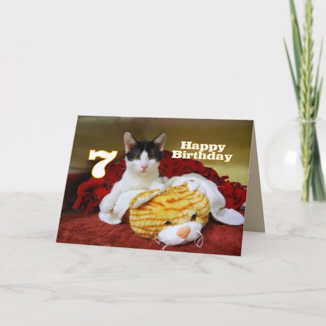 Sjunde födelsedagen Kitten med Leksak Tiger Kort (Framsida)