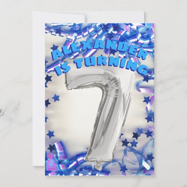 Sjunde födelsedagen Silver och Blue Age 7 Boys Par Inbjudningar (Framsida)