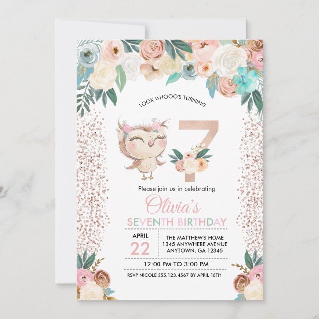 Sjunde födelsedagsinbjudan till Peachy Uggla Inbjudningar (Framsida)