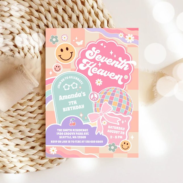 Sjunde Himlen Moln Regnbåge Disco 7-årsdag  Inbjudningar (Skapare uppladdad)