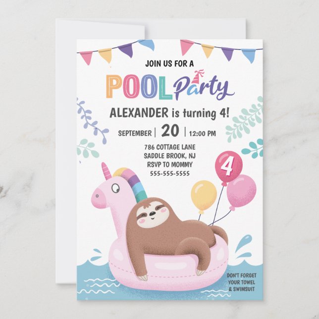 Sjunde och Unicorn-sommardagen Bassäng Party Inbjudningar (Framsida)