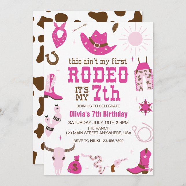Sjunde rodeo Western Cowgirl 7:E Birthday Inbjudningar (Fram/baksida)