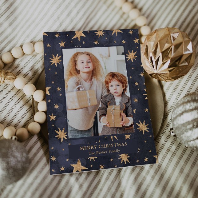 Sjung jul | Guld Stars på blå foto Julkort (A blue Christmas photo card full of elegant gold stars)